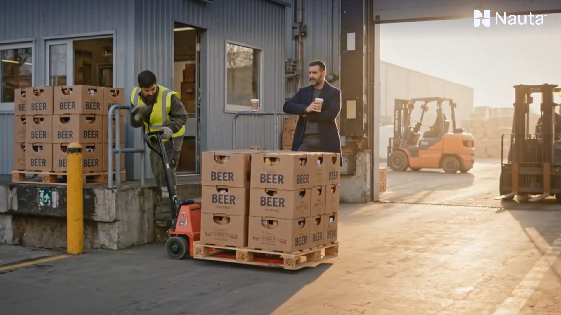 A Nauta customer’s loading dock — a worker moving beer pallets while a manager watches.
