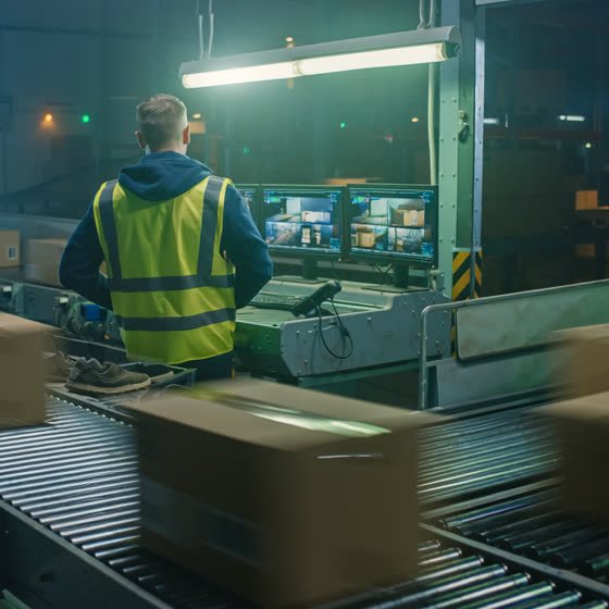 A worker at a conveyor in a distribution center