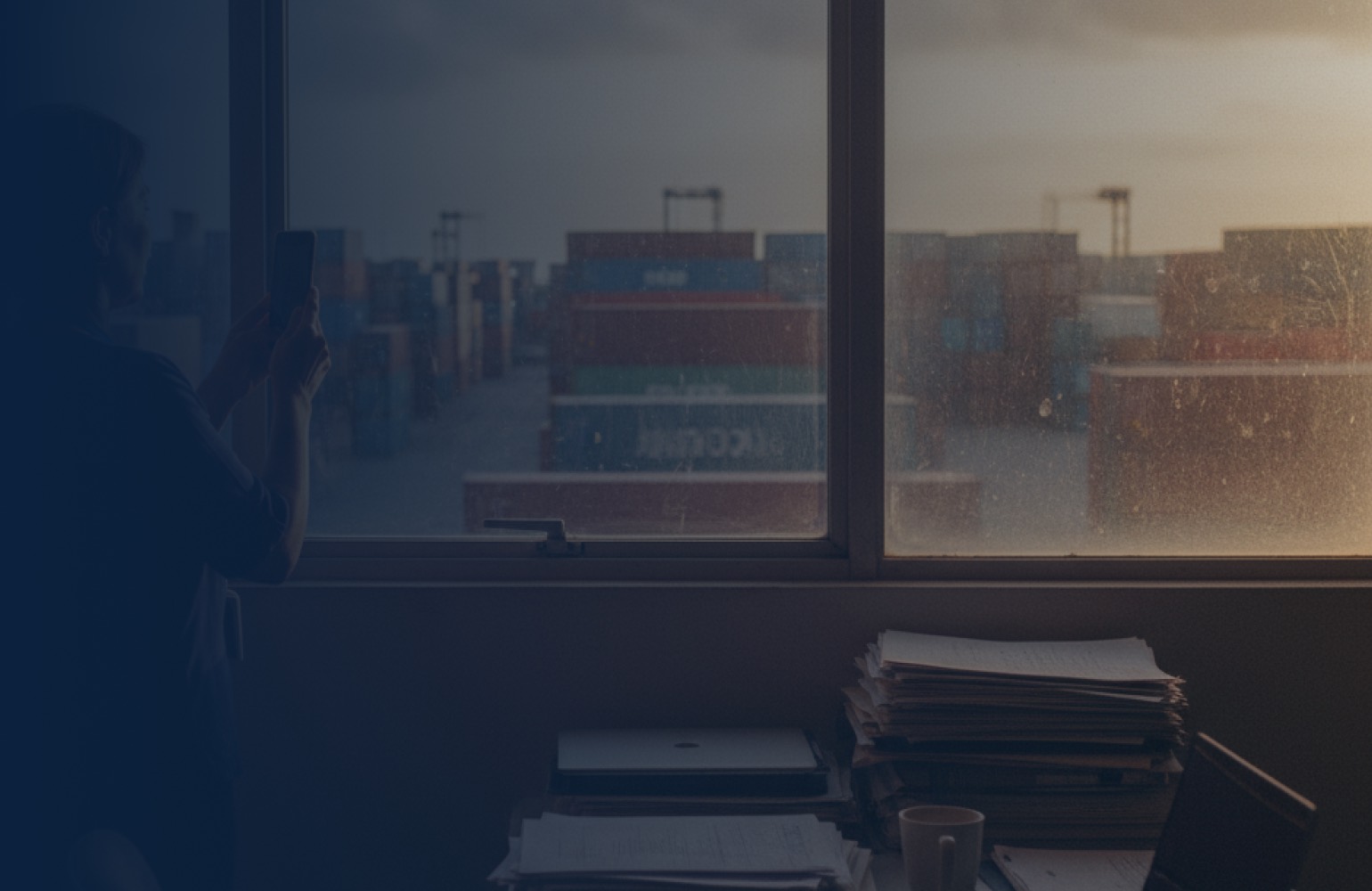 A logistics office buried in paperwork, a port stacked with containers beyond the window.