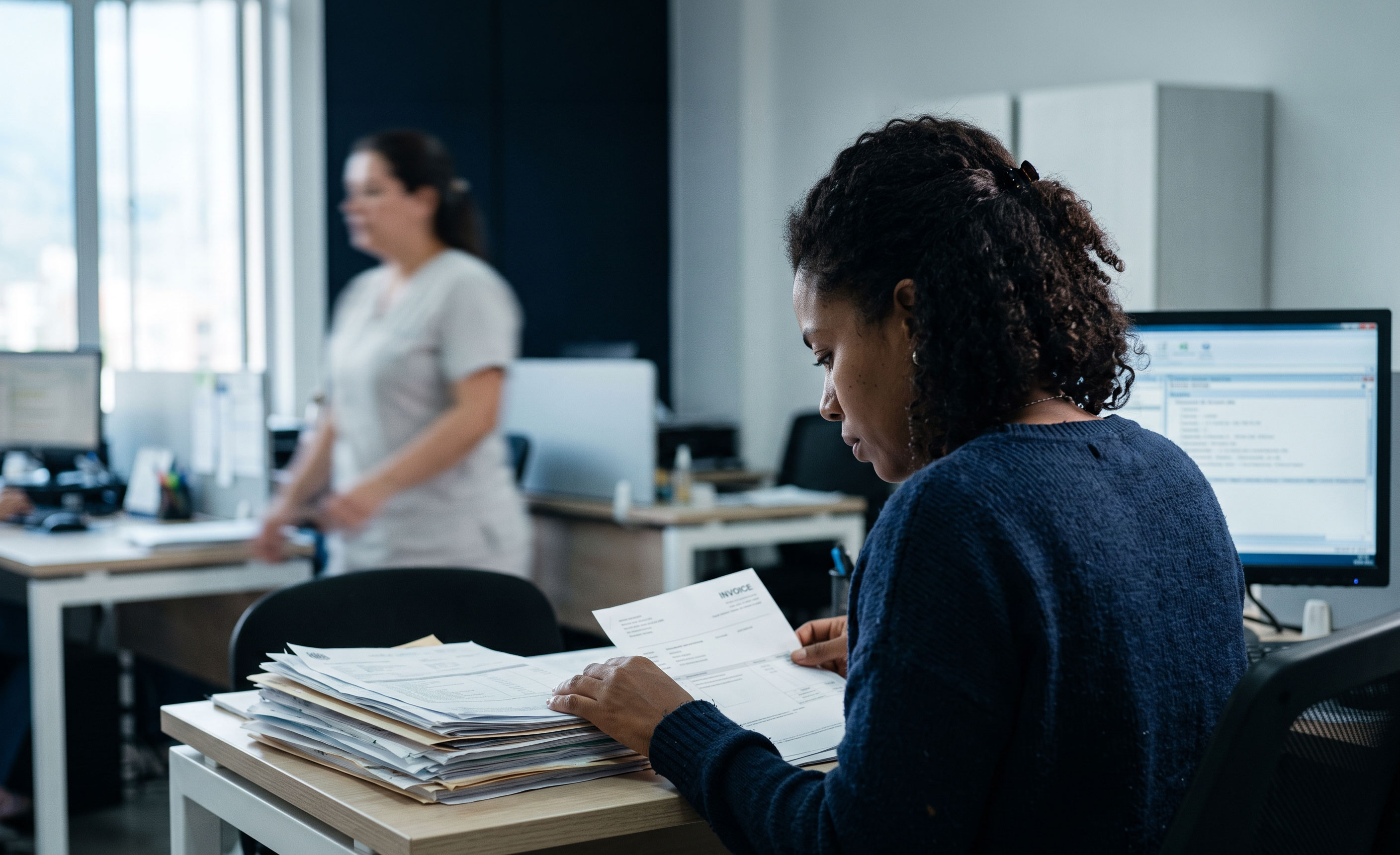 Profesional de facturación revisando una factura en una clínica