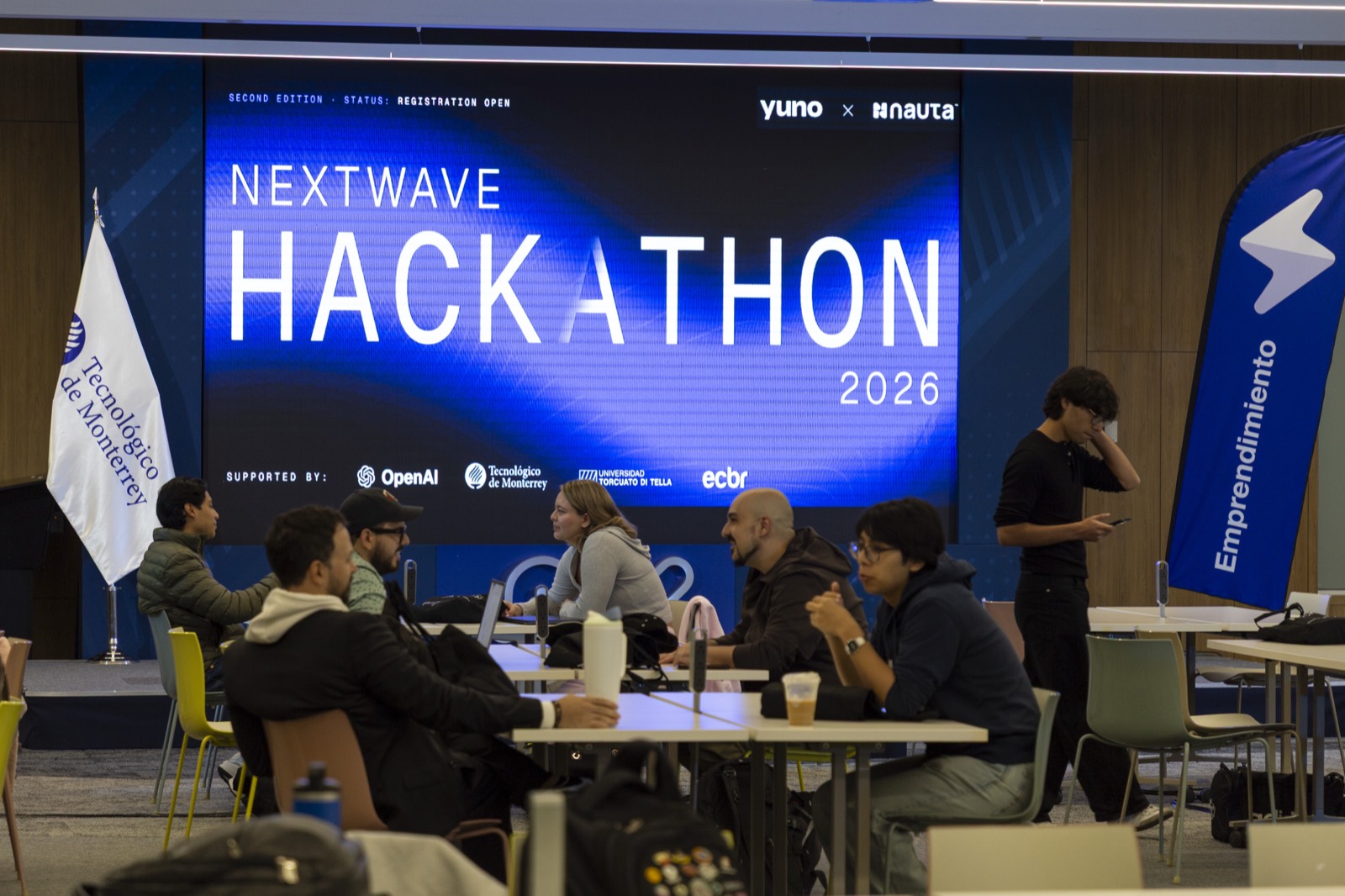 The NextWave Hackathon 2026 stage and sponsors in Mexico City