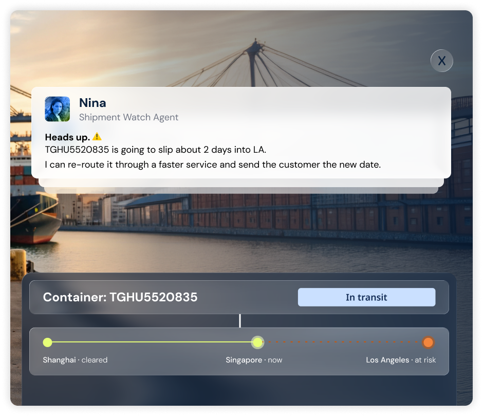 Shipment Watch agent flagging a delayed container and updated ETA.