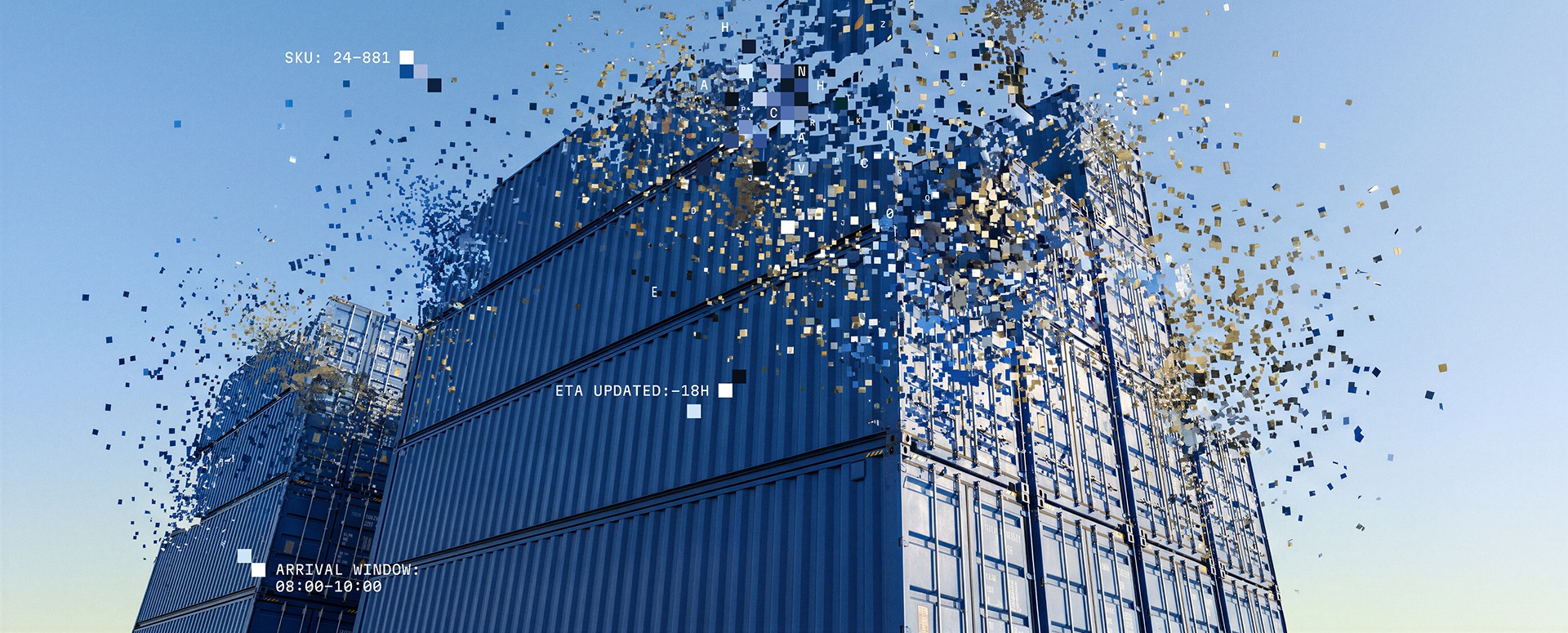 Stacked shipping containers dissolving into data — operations made legible.