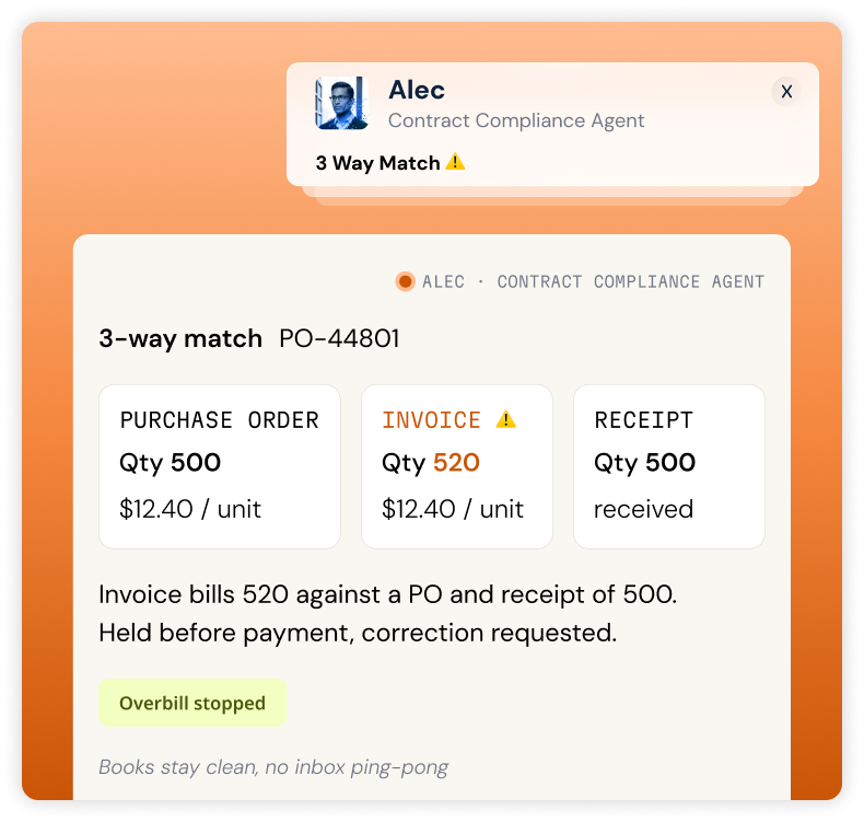Contract Compliance agent running a 3-way match and stopping an overbill.