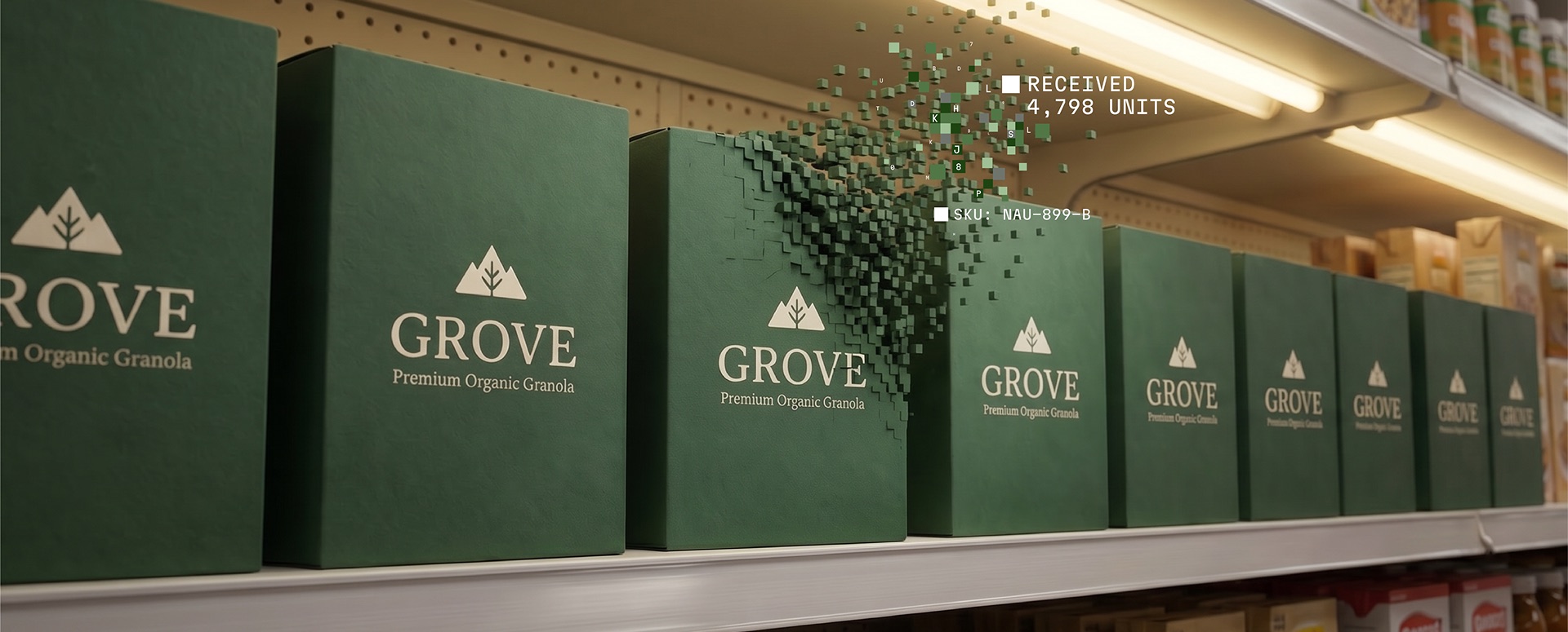 A retail shelf fully stocked with branded product as inbound units are received.