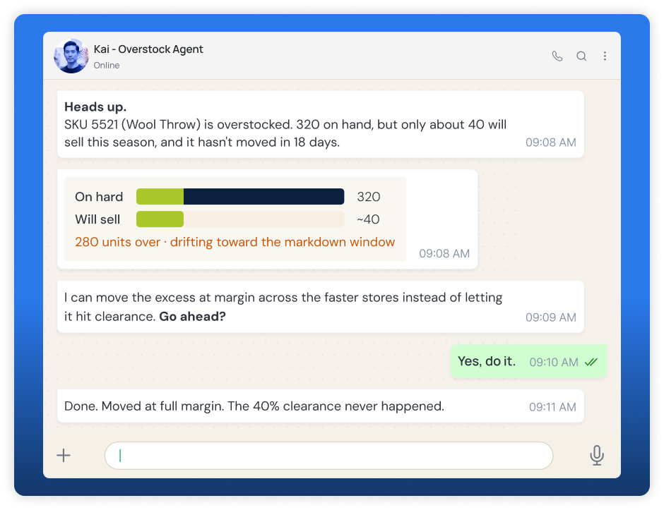 Margin agent right-sizing orders and flagging slow movers before markdown.