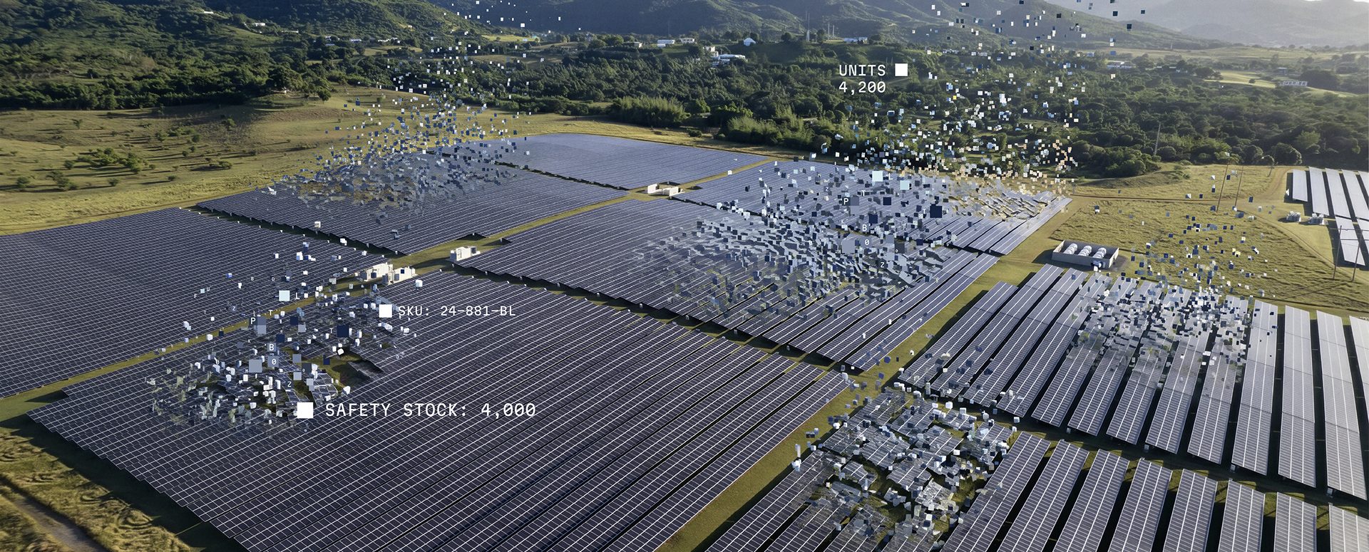 An aerial view of a solar farm — bulk inventory at scale.