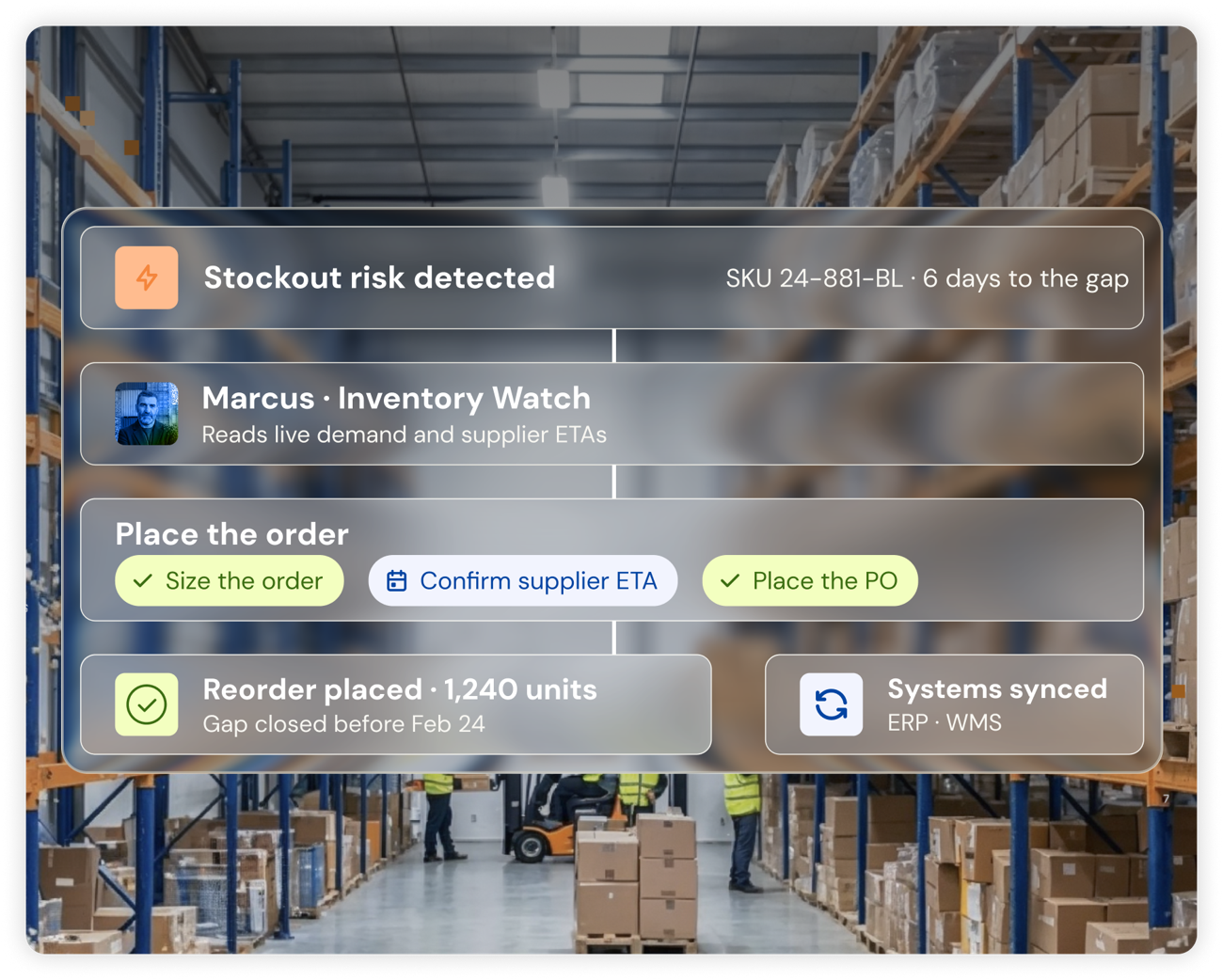 Inventory Watch agent flagging a stockout risk and cost anomaly.