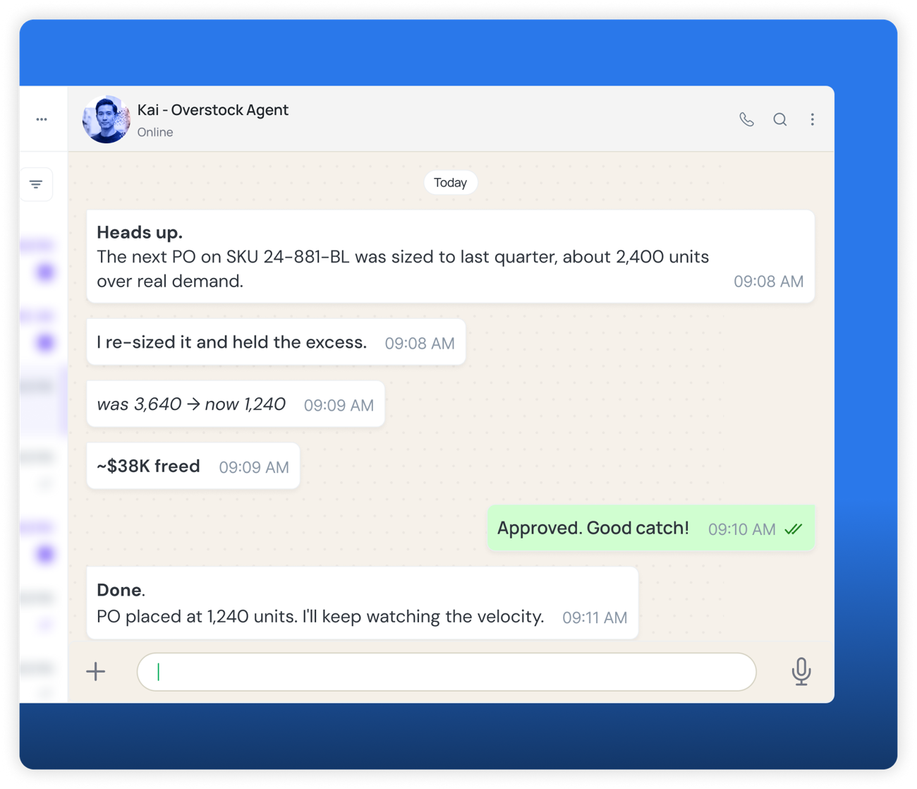 A WhatsApp-style agent conversation approving a demand-planning action.